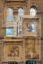 Large arched windows overlaid with picture frames and old photographs