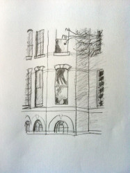 Pencil drawing of large oval topped window