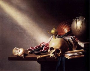 Still life with skull, books, shell and pot