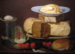 Still life painting of a large cheese with cherries and artichoke 17th Century