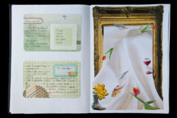 Artists sketchbook with a collage of a frame draped in cloth and objects