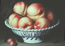 16th century painting of peaches in a pierced white ceramic dish