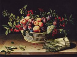 Painting of a basket of fruit on a table with a bunch of Asparagus