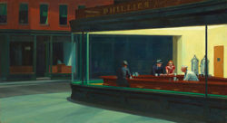 Famous Hopper Painting of a yellow lit diner and three people being served