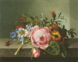 Painting of flowers on a table top with insects, 1741